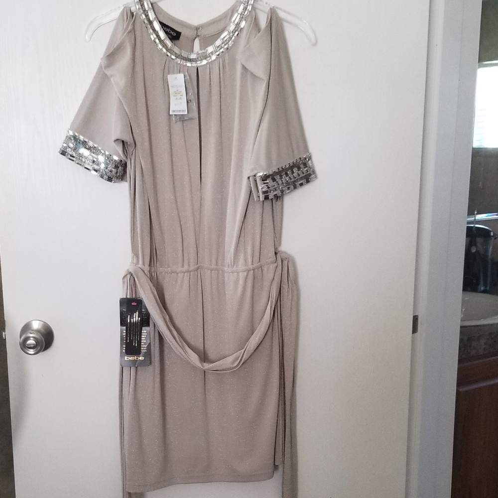 Bebe Jeweled cold shoulder dress